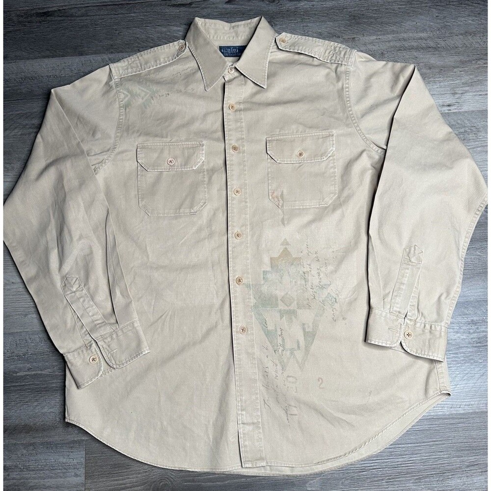 Vtg Polo Ralph Lauren Men’s Aztec Navajo Safari Long Sleeve Shirt Tan Sz XL